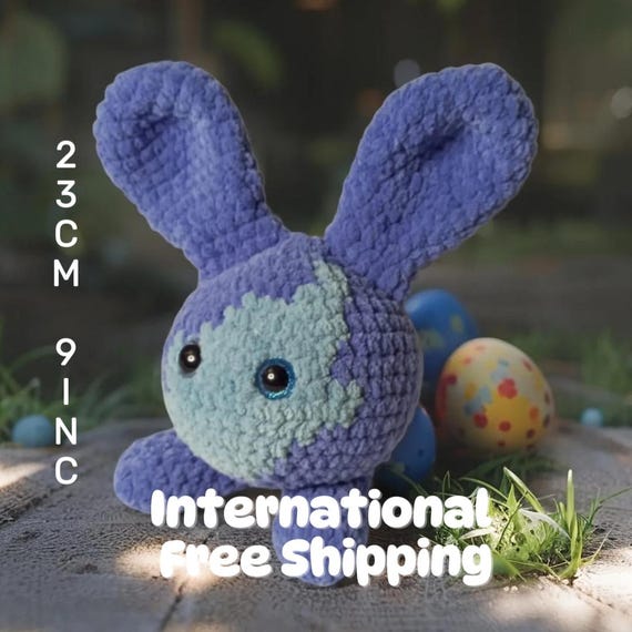 Blue Velvet Bunny Ball – Handmade Easter Plushie with Glitter Eyes – Soft Amigurumi Bunny Gift – Kawaii Spring Decor