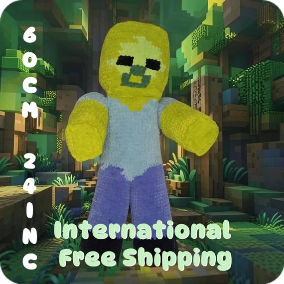 Handmade Minecraft Zombie Plush – Giant 60 cm/24 inc Velvet Yarn Toy for Gamers & Kids – Creepy Cute Collectible Doll – Gamer Gift Idea