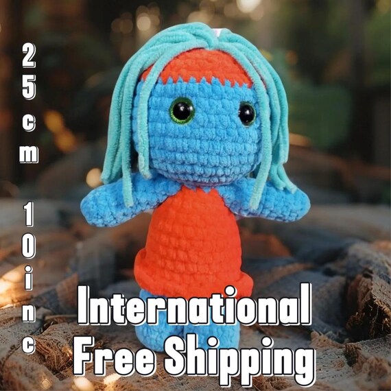 Ghoulie Doll – Blue Skin, Green Hair, Orange Dress – Bright & Funky Handmade Plush – Huggle Bug Amigurumi