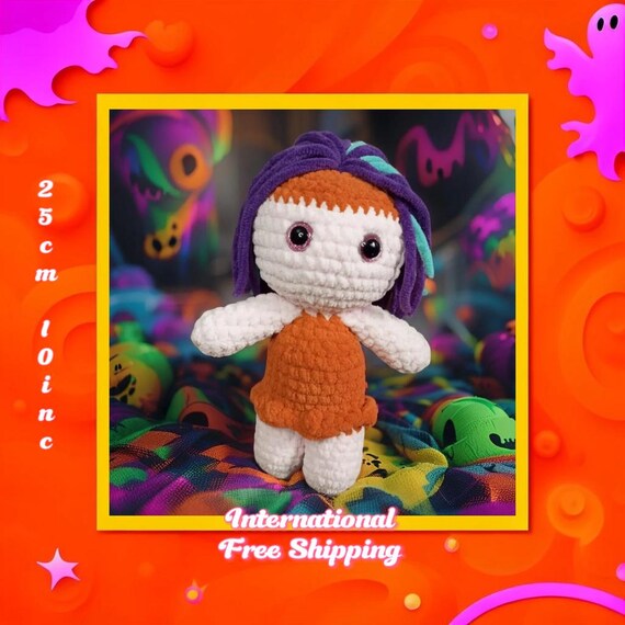 Ghoulie Doll – Pink Skin, Purple & Green Hair, Orange Dress – Handmade Creepy Cute Plush – Huggle Bug Amigurumi