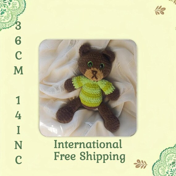 Velvet Crochet Teddy Bear – Handmade Plush Toy with Sparkly Eyes – 36cm Amigurumi Gift for Kids & Collectors