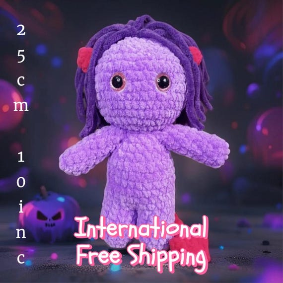 Ghoulie Devil Doll – Purple with Pink Horns & Tail – Handmade Spooky Plush Toy – Huggle Bug Amigurumi