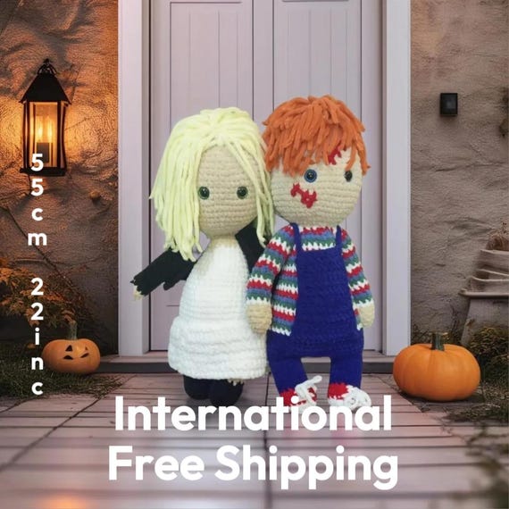 Chucky & Tiffany Plush Set – 55 cm Handmade Horror Doll Couple – Amigurumi Creepy Cute Killer Duo for Halloween or Horror Decor
