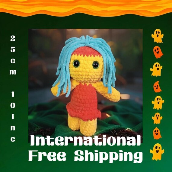 Ghoulie Doll – Orange Dress with Green Hair – Bright & Spooky Handmade Plush Toy – Huggle Bug Original