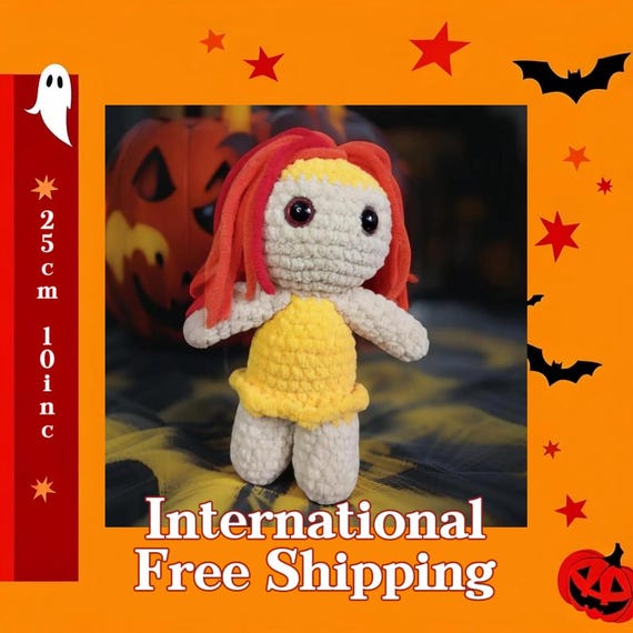 Ghoulie Doll – Yellow Dress with Red & Orange Hair – Handmade Spooky Plush Toy – Huggle Bug Original