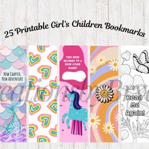 May include: Set of 25 printable bookmarks for children featuring a variety of designs including mermaids, hearts, rainbows, flowers, and a unicorn. The bookmarks are designed for girls and are perfect for encouraging reading.