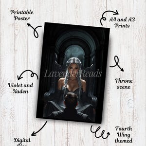 May include: A digital print featuring a throne scene with a woman in a black dress and a man in a dark suit. The print is themed after Fourth Wing and includes the text "Lavender Reads". Available as digital files and A4/A3 prints.