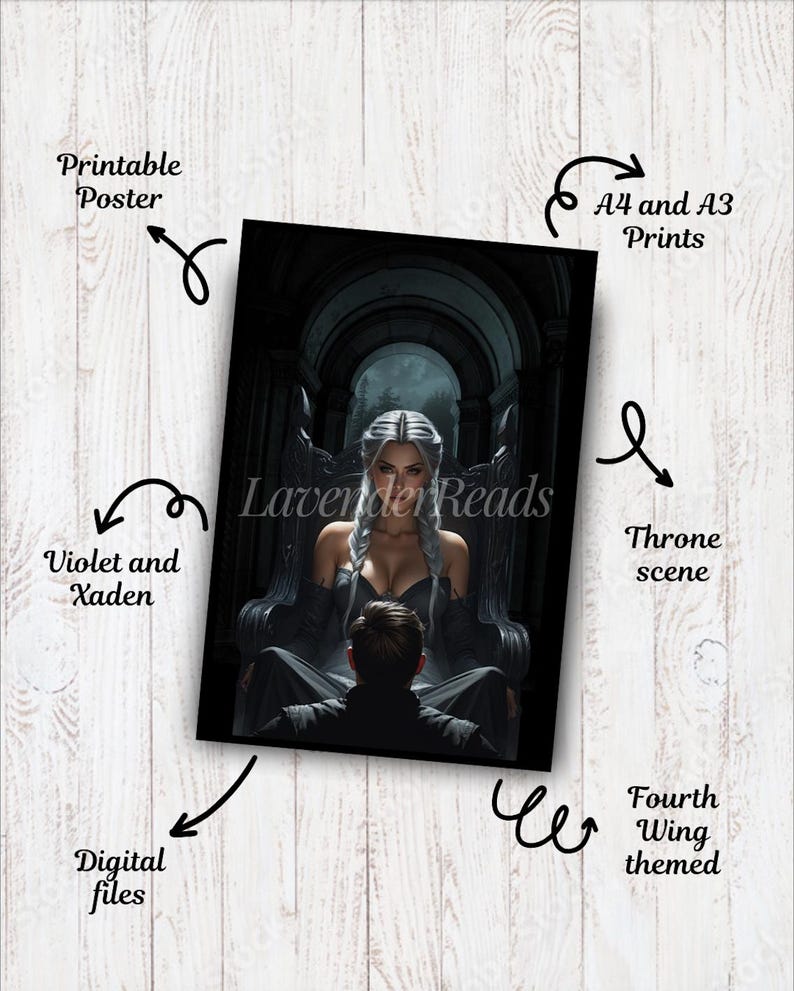 May include: A digital print featuring a throne scene with a woman in a black dress and a man in a dark suit. The print is themed after Fourth Wing and includes the text "Lavender Reads". Available as digital files and A4/A3 prints.