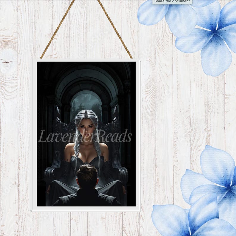 May include: A framed print featuring a fantasy illustration. The artwork depicts a woman with silver hair seated on a throne, facing a person in the foreground. The text "Lavender Reads" is displayed on the print. The frame is suspended by a rope against a white wood background.