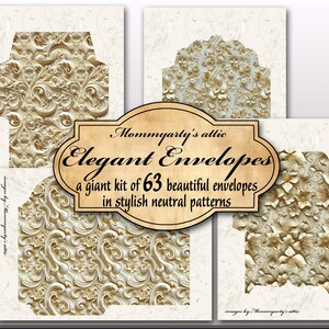 Può includere: Una collezione di eleganti buste con disegni ornati in tonalità neutre. Le buste presentano motivi floreali e a volute. L'immagine include il testo "Elegant Envelopes" e "a giant kit of 63 beautiful envelopes in stylish neutral patterns."