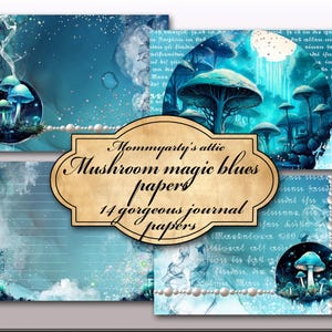 Afdrukbare papierkit paddenstoel magische blues voor junkdagboeken, journaling, papier knutselen, kaarten maken, scrapbooking en meer.