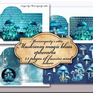 Kit d'éphémères bleus magiques champignon pour carnets, carnets, création de cartes, etc.