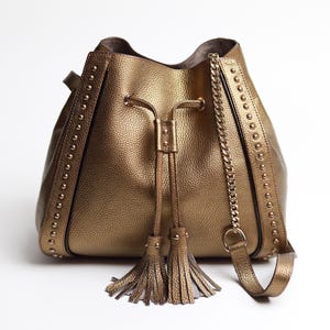 Woman large leather bag, 100% genuine cowhide leather bag, gold leather bag, crossbody leather bag, sling bag