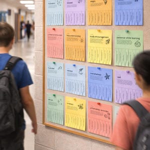 以下が含まれることがあります： 学校の廊下にある掲示板には、「モチベーション」、「ストレス」、「怒り」などの言葉が書かれたカラフルな切り取りシートが貼られています。各シートにはイラストとメモスペースがあります。生徒たちが通り過ぎています。