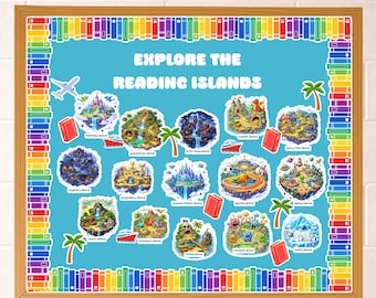 May include: A framed educational poster titled "Explore the Reading Islands" with colorful illustrations of various themed islands. The poster has a blue background, a border of books, and a wooden frame. Includes an airplane and palm tree graphics.