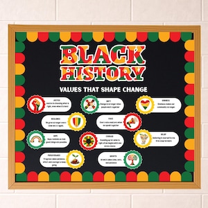 May include: A framed poster with a black background and colorful text that reads "BLACK HISTORY VALUES THAT SHAPE CHANGE." The poster includes illustrations and words like "Justice," "Unity," and "Kindness." The frame is brown with red, yellow, and green accents.