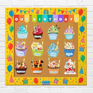 Year-Round Birthday Bulletin Board Kit for Classroom | Cupcake Theme Months + Banner + Candles | Printable Student Birthday Full Kit