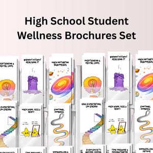 May include: A set of wellness brochures for high school students. The brochures feature colorful illustrations and text, including titles like "Burnout Without Realizing It" and "When Motivation Disappears."