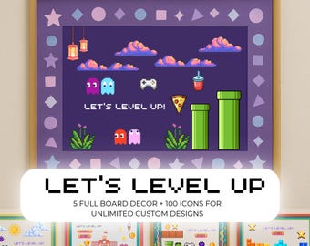 MEGA Kit Let’s Level Up Bulletin Board | 100+ Icons & Letter l Retro Groovy 90&#39;s Classroom Decor | Gamer Pixel Theme Posters Back to School