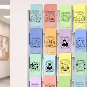 May include: A clear plastic display rack filled with colorful informational pamphlets. Each pamphlet features a different mental health topic, including "Healthy Choices," "Anger," and "Stress," with accompanying illustrations and text.