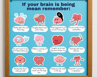 May include: A framed print with a light blue background and a wooden frame. The print features colorful cartoon illustrations of brains and hearts with positive affirmations. Text at the top reads "If your brain is being mean remember:"