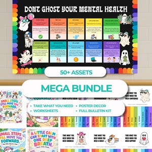 Puede incluir: Un kit educativo para tablón de anuncios sobre salud mental con un póster negro con el texto DONT GHOST YOUR MENTAL HEALTH, rodeado por un borde arcoíris, que incluye ilustraciones de fantasmas y consejos de bienestar.
