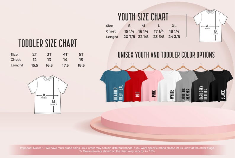 May include: Size chart for toddler and youth t-shirts. The chart shows chest and length measurements in inches. The chart also shows color options for the t-shirts, including Heather Deep Teal, Red, Pink, White, Athletic Heather, Dark Grey Heather, and Black.