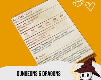 May include: A Father's Day card with a Dungeons & Dragons theme. The card features a character sheet with stats like "Best Dad Ever" and "Armor Class 17." The card also includes the text "Dungeons & Dragons" and "Father's Day Card."