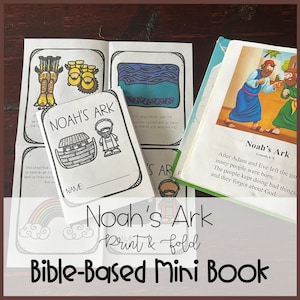 May include: A collection of black and white illustrated mini books with the title "Noah's Ark". The books feature drawings of the ark, Noah, and other biblical scenes. The text "Print & Fold Bible-Based Mini Book" is also visible.