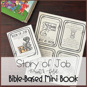 May include: A set of 'Story of Job' Bible-based mini-books. The cover of the mini-book is white with the title "Book of Job" and an illustration of a tornado and a building. The text "Print & Fold" and "Bible-Based Mini Book" are also visible.