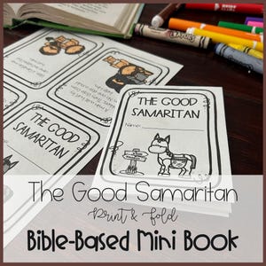 Puede incluir: Un minilibro de papel blanco titulado The Good Samaritan con una línea para un nombre, un dibujo de un burro y una señal que apunta a Jericó y Jerusalén. Las páginas presentan ilustraciones de líneas en blanco y negro y texto.