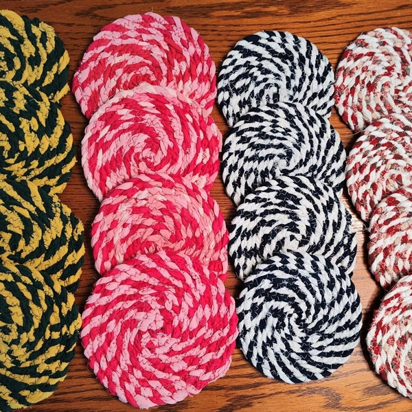 Rag Rope Coasters, Hand Twined Coasters, You choose colors, Fabric Scrap Coasters, Upcycled, Handmade.