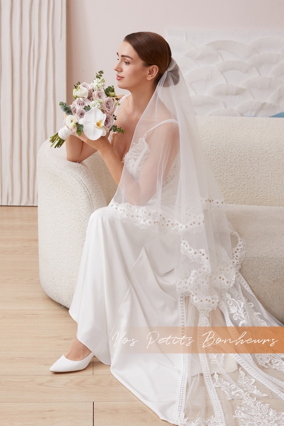 NO COMB Drop Veil, Daisy Lace Edge Wedding Veil, Single Tier  display picture 1