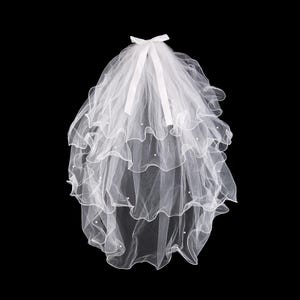 CLEARANCE! Ivory Pearl Wedding Veil with White Bow | 4 Tier Soft Tulle Wedding Veil with Blusher | Chic and Boho Bridal Veil