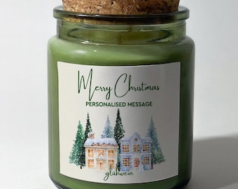 Vela perfumada navideña con nombres Regalo para una familia Ella Él Juego de regalo personalizado Pueblo navideño Regalo de Navidad vegano