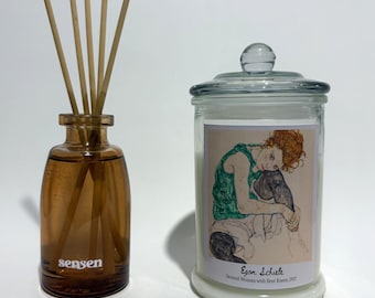 Juego de velas "Mujer sentada" de Egon Schiele, decoración artística expresionista, vela minimalista de cristal y difusor de varillas, idea de regalo artístico.