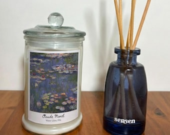 Juego de vela y difusor de varillas "Nenúfares" de Claude Monet, 1916, decoración de arte impresionista, regalo para amantes del arte.