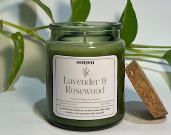 Velas de soja para aromaterapia con aceites esenciales: lavanda, palo de rosa, pino, naranja, eucalipto, naranja y canela.