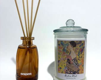 Juego de vela y difusor de varillas de Gustav Klimt, decoración de "Dama con abanico", fragancia para el hogar estilo museo