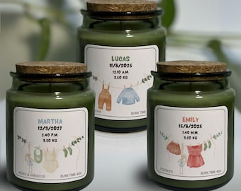 Vela personalizada para bebé recién nacido, anuncio de nacimiento personalizado con nombre, fecha, hora y peso.