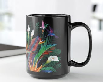 Tropical Floral Print Mug | Black Ceramic Coffee Cup