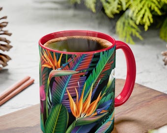 Tropical Flowers Ceramic Mug, Colorful Floral Drinkware