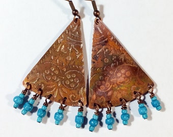 Etched Copper Fan Earrings with Dangles - Free Domestic Shipping