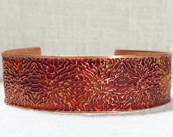 Bracelet, Etched Brass Cuff, Red Ripples