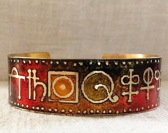 Alchemy Bracelet, Etched Brass Cuff, Red Gold