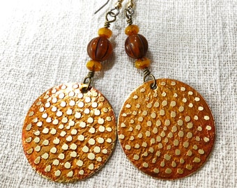Etched Brass Earrings, Orange Polka Dots