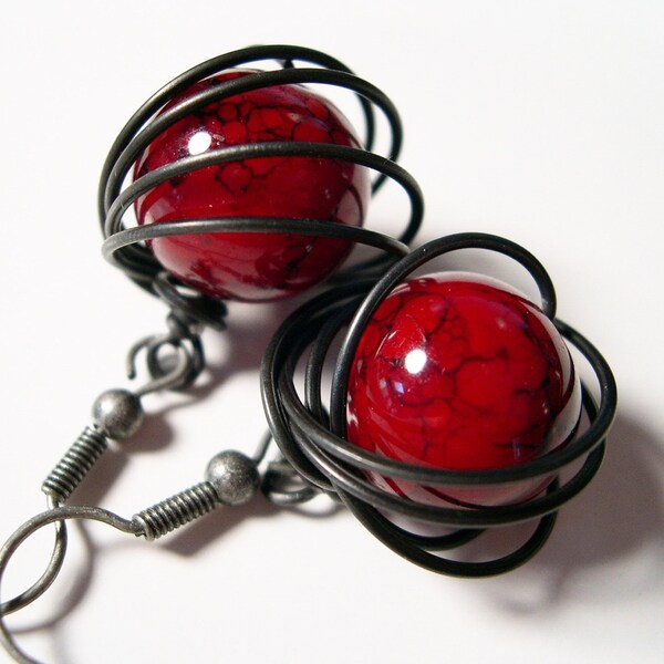 Wire Earrings Red Beads