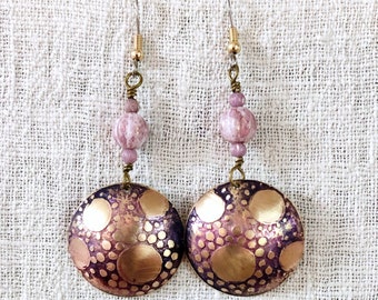 Dot Art Lavender Earrings, Etched Brass