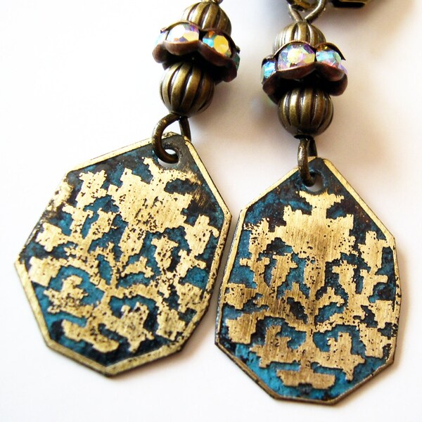 Etched Brass Earrings with Rhinestones