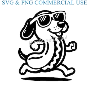 May include: Black and white illustration of a cartoon dog wearing sunglasses and running. The dog is shaped like a hot dog.